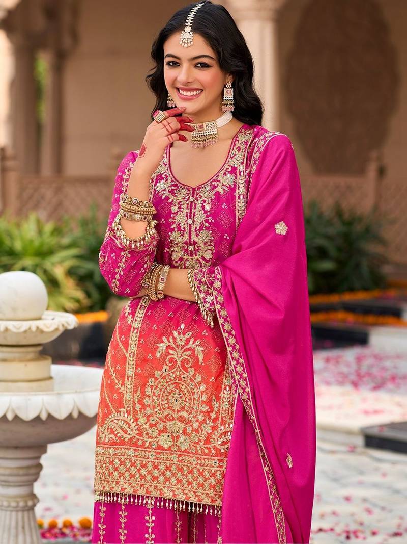 Women Ethnic Motifs Embroidered Regular Kurta with Sharara & With Dupatta