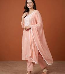 Women's Gorgeous Thread Work Pure Cotton Fabric Straight Kurta Pant and Dupatta Set