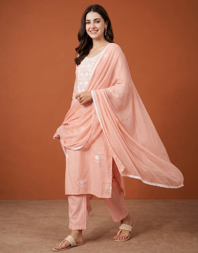 Women's Gorgeous Thread Work Pure Cotton Fabric Straight Kurta Pant and Dupatta Set