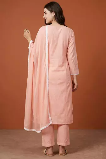 Women's Gorgeous Thread Work Pure Cotton Fabric Straight Kurta Pant and Dupatta Set