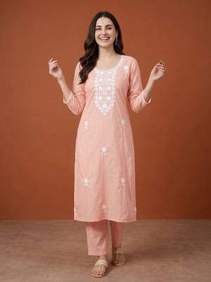 Women's Gorgeous Thread Work Pure Cotton Fabric Straight Kurta Pant and Dupatta Set 5