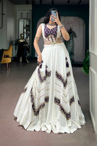 Women Off-White & Purple Printed Rayon Navratri Free Size Stitched Lehenga Choli Set