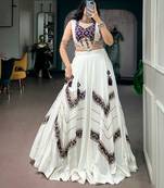 Women Off-White & Purple Printed Rayon Navratri Free Size Stitched Lehenga Choli Set