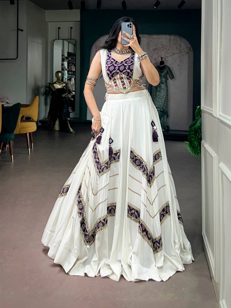 Women Off-White & Purple Printed Rayon Navratri Free Size Stitched Lehenga Choli Set