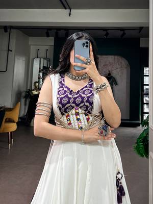 Women Off-White & Purple Printed Rayon Navratri Free Size Stitched Lehenga Choli Set 2