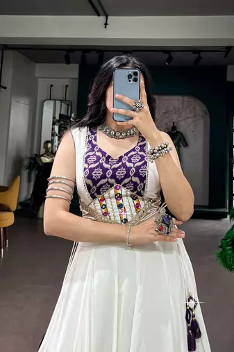 Women Off-White & Purple Printed Rayon Navratri Free Size Stitched Lehenga Choli Set