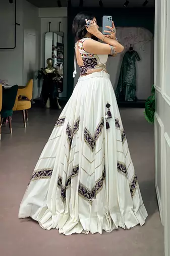 Women Off-White & Purple Printed Rayon Navratri Free Size Stitched Lehenga Choli Set