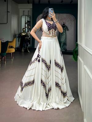 Women Off-White & Purple Printed Rayon Navratri Free Size Stitched Lehenga Choli Set 4