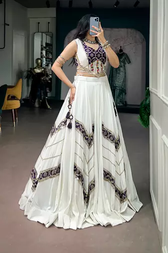 Women Off-White & Purple Printed Rayon Navratri Free Size Stitched Lehenga Choli Set