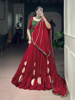 Women Red Bandhej Printed Satin Chiffon Navratri Free Size Stitched Lehenga Choli Set 1