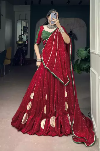 Women Red Bandhej Printed Satin Chiffon Navratri Free Size Stitched Lehenga Choli Set