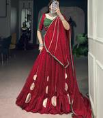 Women Red Bandhej Printed Satin Chiffon Navratri Free Size Stitched Lehenga Choli Set