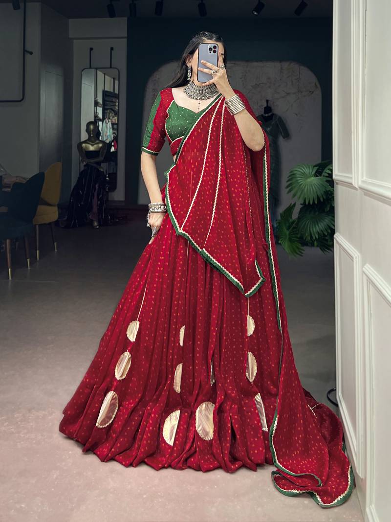Women Red Bandhej Printed Satin Chiffon Navratri Free Size Stitched Lehenga Choli Set