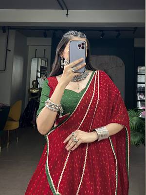 Women Red Bandhej Printed Satin Chiffon Navratri Free Size Stitched Lehenga Choli Set 2