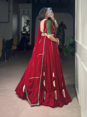 Women Red Bandhej Printed Satin Chiffon Navratri Free Size Stitched Lehenga Choli Set 3