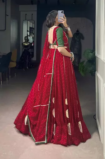 Women Red Bandhej Printed Satin Chiffon Navratri Free Size Stitched Lehenga Choli Set