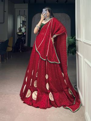 Women Red Bandhej Printed Satin Chiffon Navratri Free Size Stitched Lehenga Choli Set 4