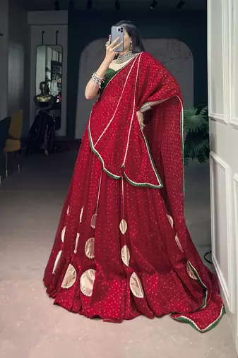 Women Red Bandhej Printed Satin Chiffon Navratri Free Size Stitched Lehenga Choli Set