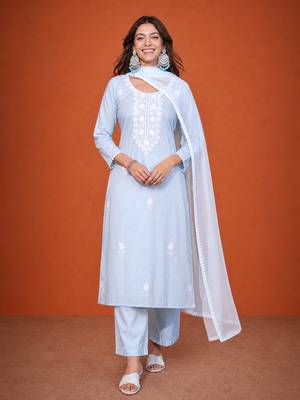 Thread Pure Cotton Straight Kurta Pant and Dupatta Set 1