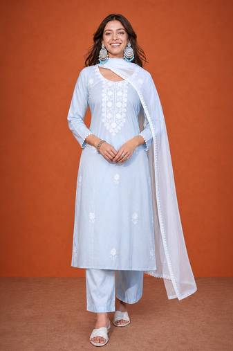 Thread Pure Cotton Straight Kurta Pant and Dupatta Set