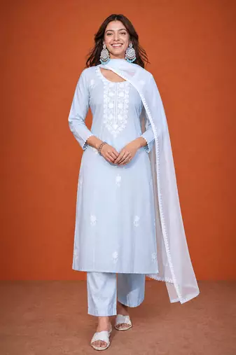 Thread Pure Cotton Straight Kurta Pant and Dupatta Set