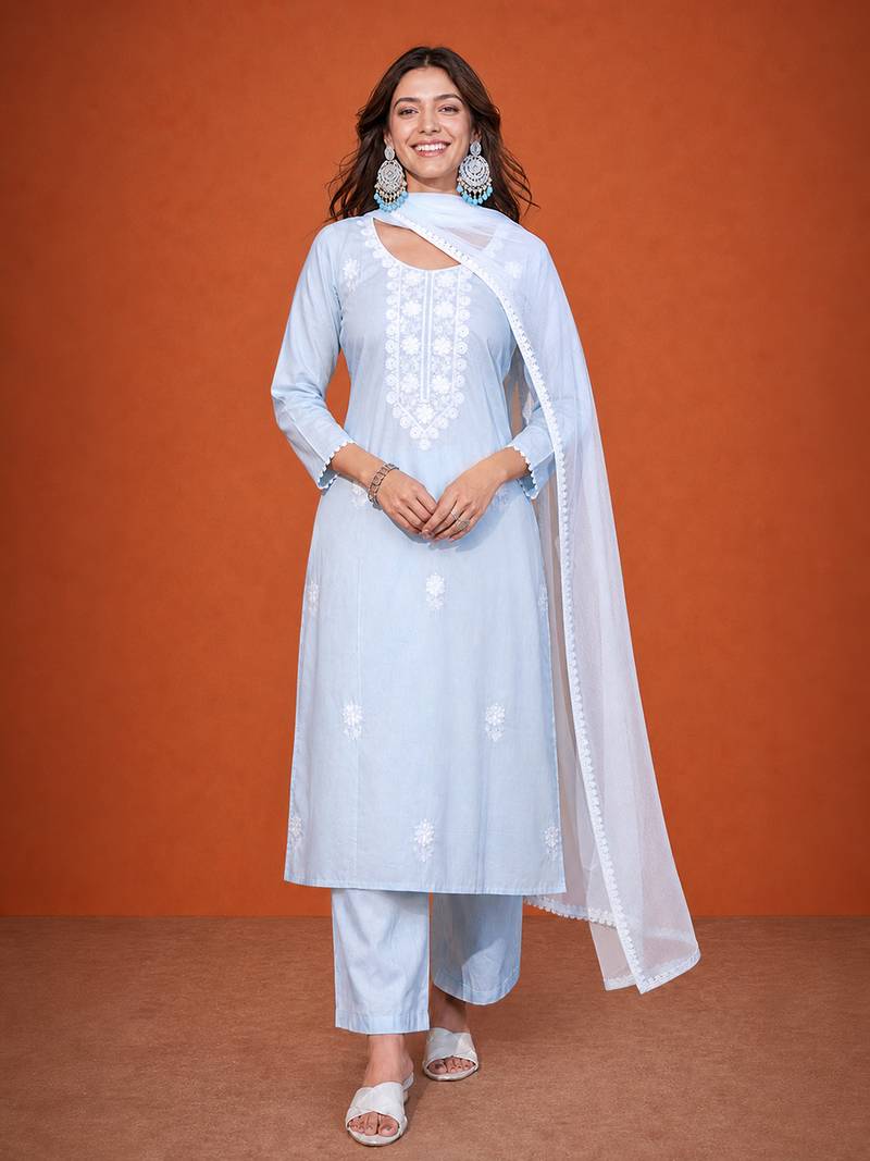 Thread Pure Cotton Straight Kurta Pant and Dupatta Set
