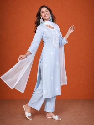 Thread Pure Cotton Straight Kurta Pant and Dupatta Set 3