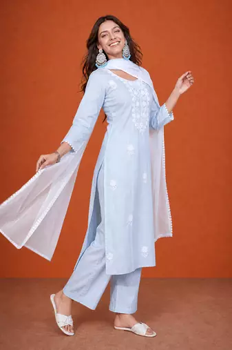 Thread Pure Cotton Straight Kurta Pant and Dupatta Set