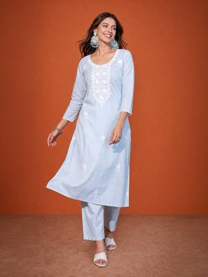 Thread Pure Cotton Straight Kurta Pant and Dupatta Set 5