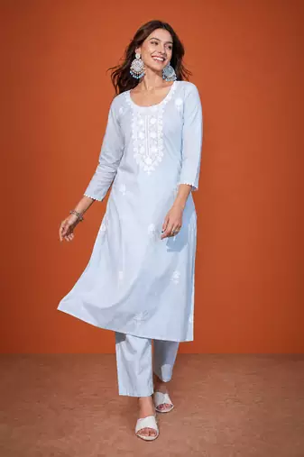 Thread Pure Cotton Straight Kurta Pant and Dupatta Set