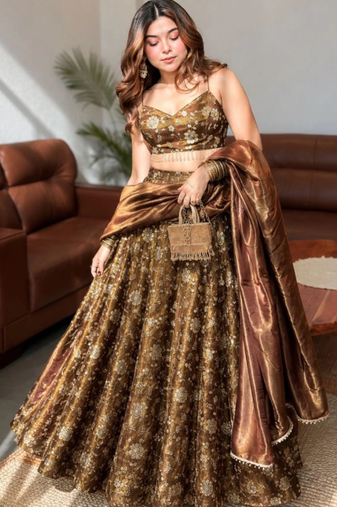 Women's Brown Silk Blend Zari Embroidery Work Lehenga Choli