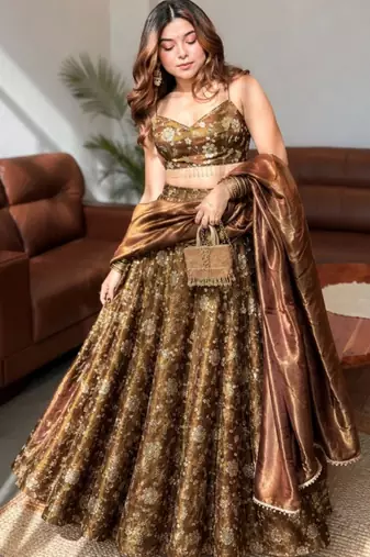 Women's Brown Silk Zari Embroidery Work Lehenga Choli