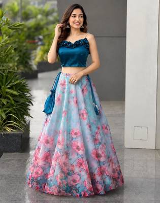 sky blue organza printed lehenga choli with free size upto 42 1