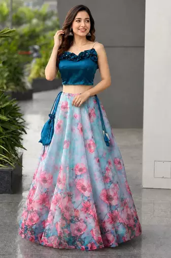 sky blue organza printed lehenga choli with free size upto 42
