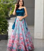 sky blue organza printed lehenga choli with free size upto 42