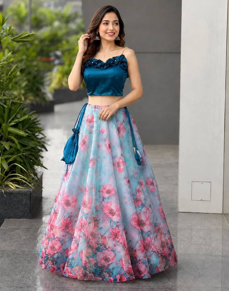 sky blue organza printed lehenga choli with free size upto 42