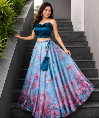 sky blue organza printed lehenga choli with free size upto 42 4