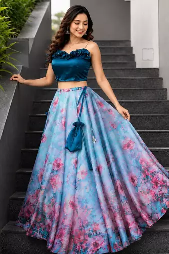 sky blue organza printed lehenga choli with free size upto 42