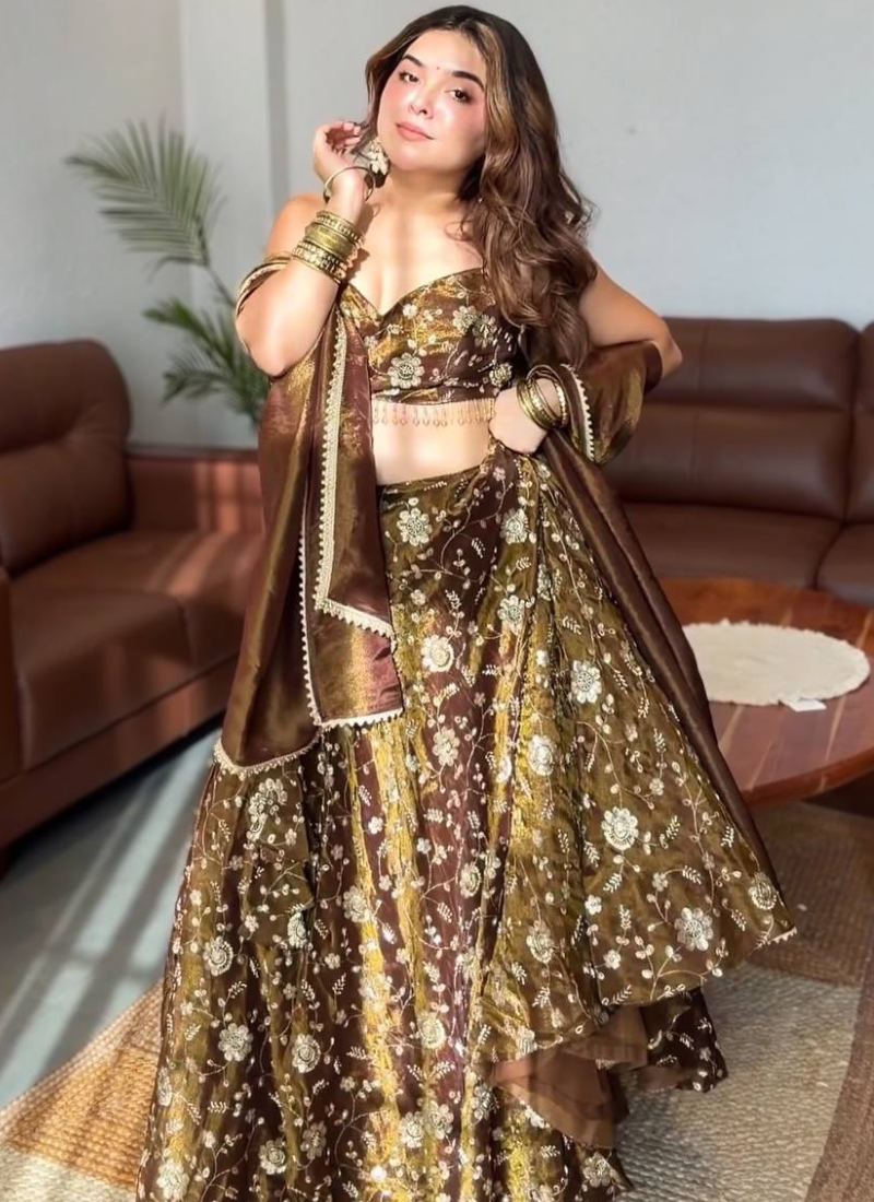 Women's Brown Silk Zari Embroidery Work Lehenga Choli