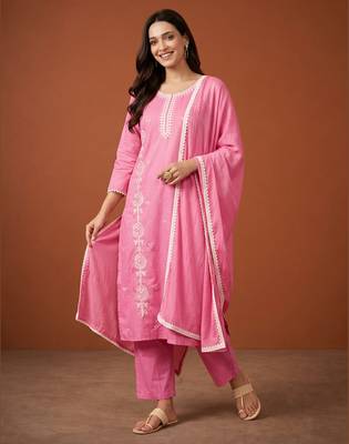 Thread Pure Cotton Straight Kurta Pant and Dupatta Set 1