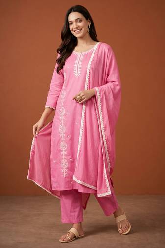 Thread Pure Cotton Straight Kurta Pant and Dupatta Set