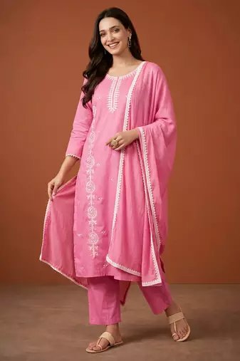 Thread Pure Cotton Straight Kurta Pant and Dupatta Set