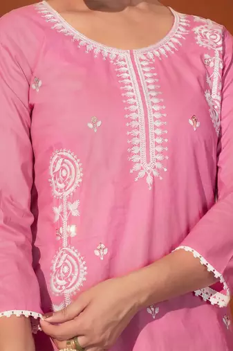 Thread Pure Cotton Straight Kurta Pant and Dupatta Set