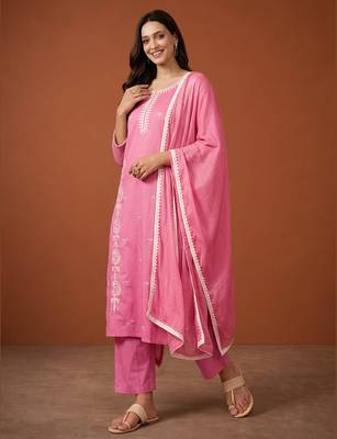 Thread Pure Cotton Straight Kurta Pant and Dupatta Set 3