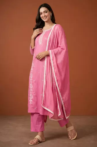 Thread Pure Cotton Straight Kurta Pant and Dupatta Set