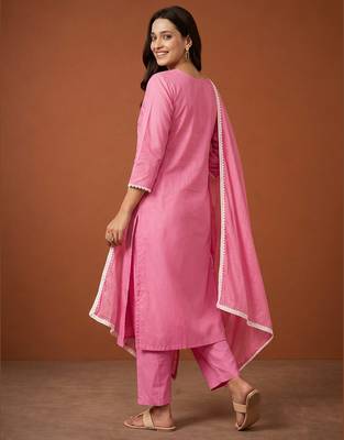 Thread Pure Cotton Straight Kurta Pant and Dupatta Set 4