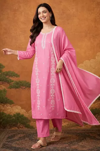 Thread Pure Cotton Straight Kurta Pant and Dupatta Set