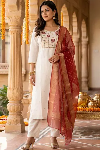 Women Floral Embroidered Regular Thread Work Kurta with Trousers & With Dupatta