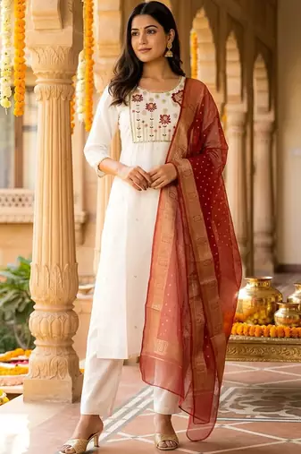 Women Floral Embroidered Regular Thread Work Kurta with Trousers & With Dupatta