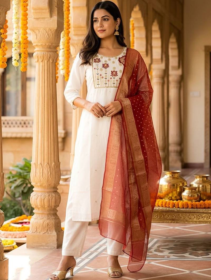 Women Floral Embroidered Regular Thread Work Kurta with Trousers & With Dupatta